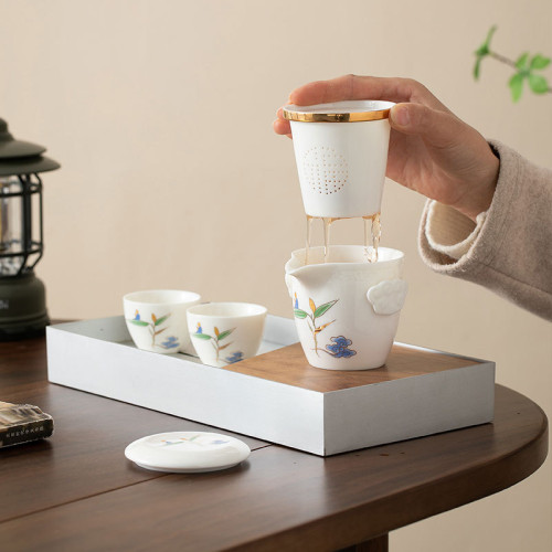 一壺二杯旅行茶具羊脂玉白瓷套裝簡約快客杯陶瓷可攜式包禮品戶外