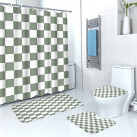 多彩格子浴簾地墊四件套家居衛生間乾濕分離隔斷浴簾防水浴簾