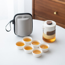 粗陶快客杯一壺六杯戶外露營可攜式旅行茶具套裝玻璃泡茶壺簡約風