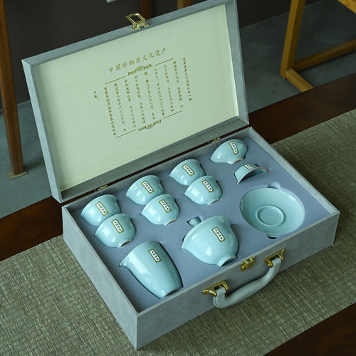 10頭汝窰功夫茶具套裝整套陶瓷全套禮品伴手禮耐高溫禮盒裝一整套