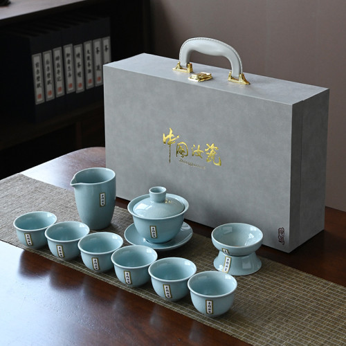 汝窰功夫茶具套裝陶瓷禮盒裝家用整套開片商務禮品伴手禮高檔