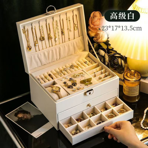 多功能首飾盒大三層帶鎖皮質珠寶首飾收納盒耳環飾品盒耳飾收納盒
