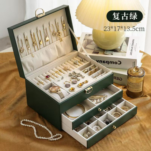 多功能首飾盒大三層帶鎖皮質珠寶首飾收納盒耳環飾品盒耳飾收納盒