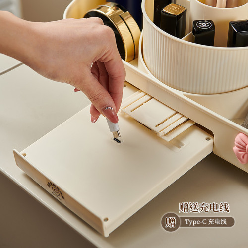 收納盒桌面置物架口紅化妝品多功能帶鏡子置物架創意可旋轉整理箱