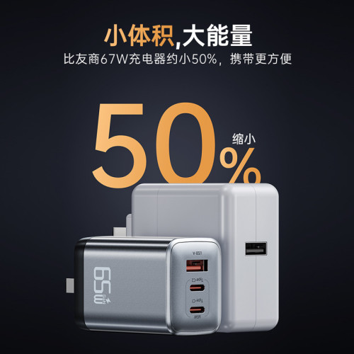氮化鎵65W三口快充頭Typec可折曡插腳適用於蘋果華爲手機充電器