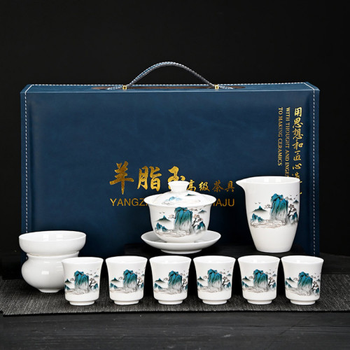 高檔羊脂玉白瓷功夫玉瓷蓋碗茶具套裝德化陶瓷禮盒禮品整套伴手禮