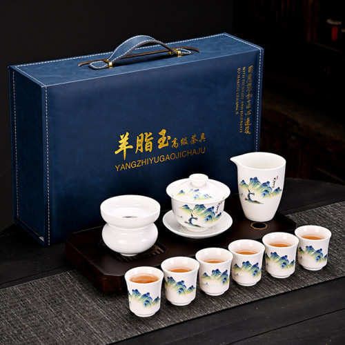 高檔羊脂玉白瓷功夫玉瓷蓋碗茶具套裝德化陶瓷禮盒禮品整套伴手禮