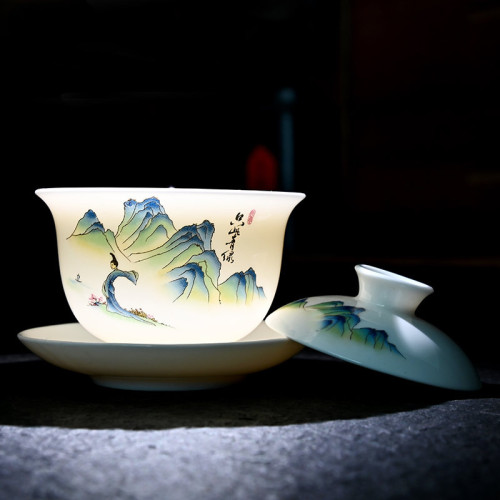 高檔羊脂玉白瓷功夫玉瓷蓋碗茶具套裝德化陶瓷禮盒禮品整套伴手禮