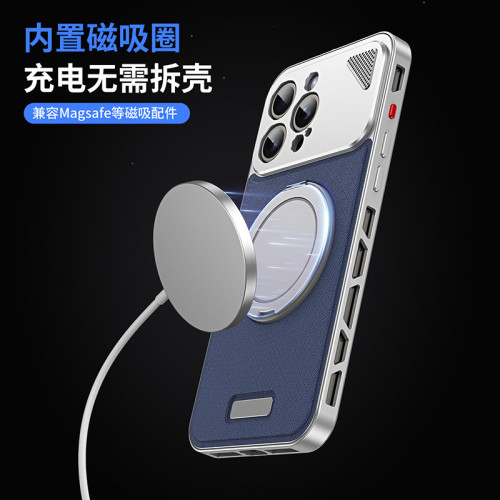 適用蘋果14promax金屬彈扣手機殼iPhone13Pro保護套皮革磁吸支架