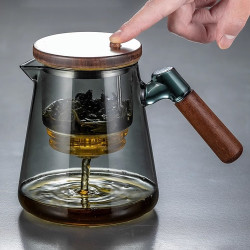飄逸杯泡茶壺全玻璃內膽側把胡桃木茶水分離過濾泡茶杯家用沖茶器