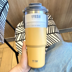 tyeso新款咖啡杯雙層保溫保冷手提冰霸杯大容量不鏽鋼雙飲車用杯