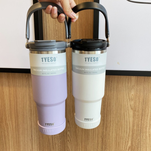 tyeso新款咖啡杯雙層保溫保冷手提冰霸杯大容量不鏽鋼雙飲車用杯