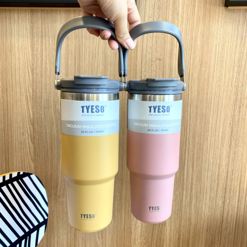 tyeso新款咖啡杯雙層保溫保冷手提冰霸杯大容量不鏽鋼雙飲車用杯