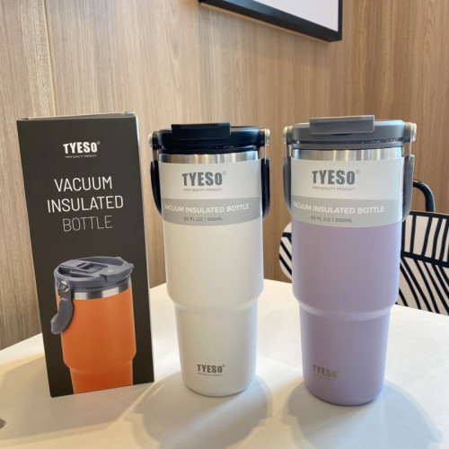 tyeso新款咖啡杯雙層保溫保冷手提冰霸杯大容量不鏽鋼雙飲車用杯