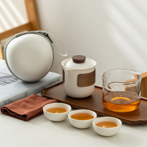 陶瓷旅行茶具套裝一壺三杯玻璃公杯戶外車用可攜式包功夫茶具