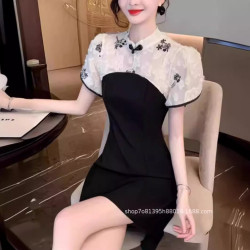 新中式改良版旗袍夏季足浴足療技師美容院修身連衣裙兩件套1596