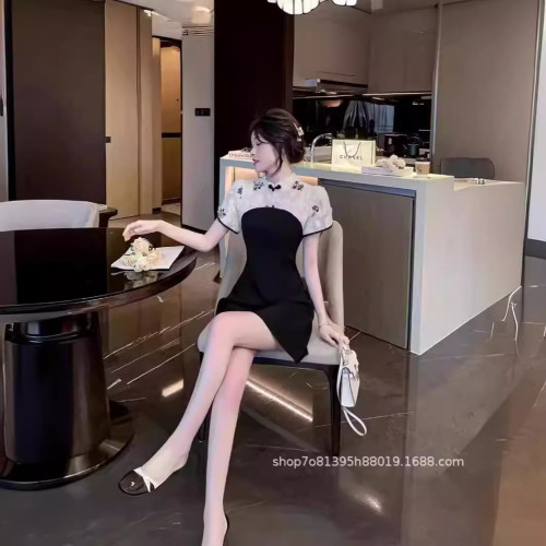 新中式改良版旗袍夏季足浴足療技師美容院修身連衣裙兩件套1596