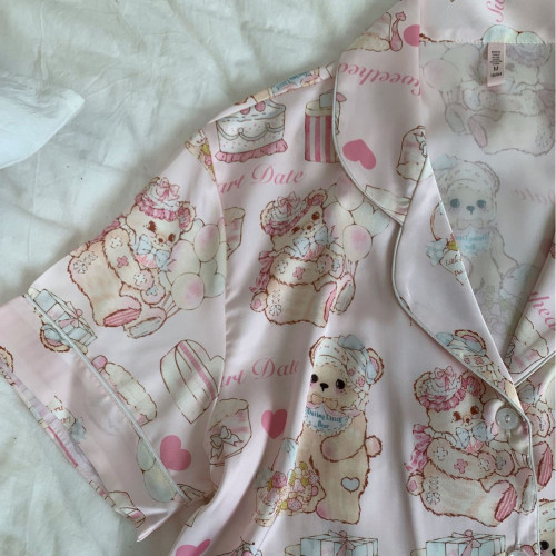 【蛋糕熊】三件套睡衣女短袖短褲卡通小熊冰雪絲家居服小紅書爆款