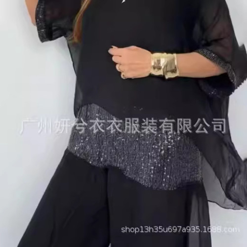 2024歐美新款夏季雪紡圓領短袖珠片拼接長褲休閒套裝女