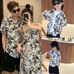 <墨葉>度假沙灘親子裝一家三口夏威夷襯衫寬松復古港風雪紡母子襯
