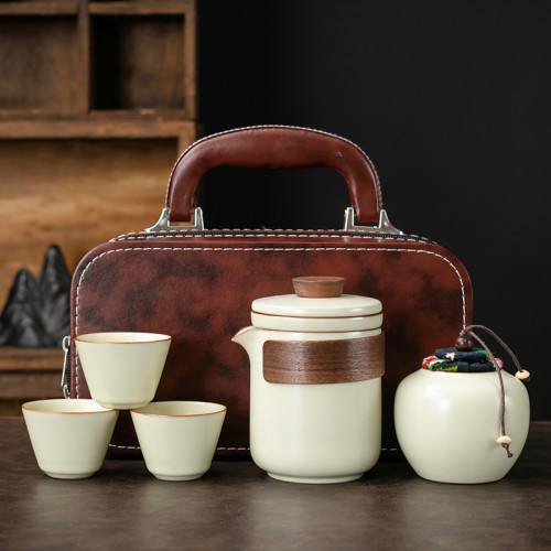 汝窰茶壺蓋碗功夫茶具可攜式旅行茶具套裝簡約泡茶商務活動禮品