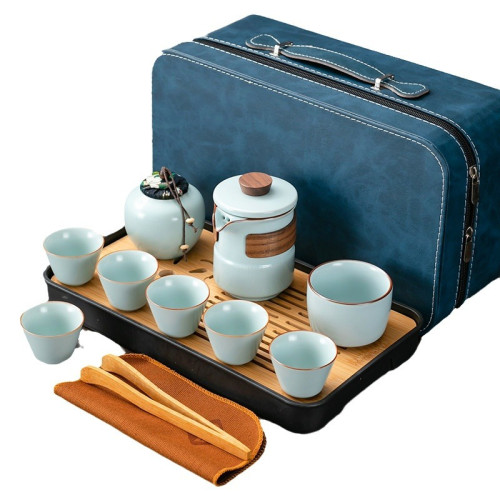 汝窰茶壺蓋碗功夫茶具可攜式旅行茶具套裝簡約泡茶商務活動禮品
