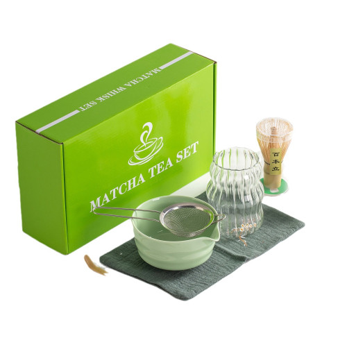 日式抹茶茶具7件套配玻璃杯帶禮盒導流嘴抹茶碗茶筅百本立