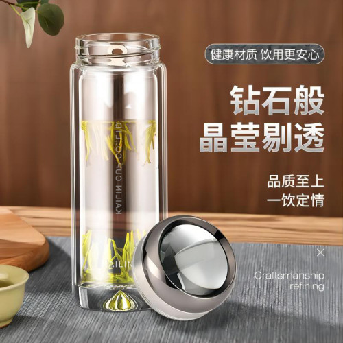 輕奢玻璃杯雙層水杯高檔U型內膽男士商務茶杯加厚水滴底禮品杯子