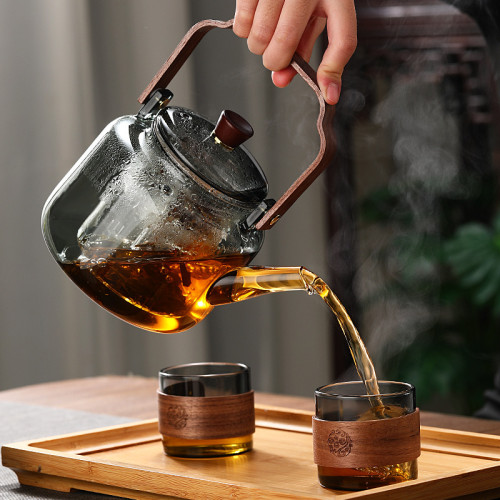透黑菸灰玻璃煮茶壺家用露營耐熱蒸泡一體壺提梁防燙辦公圍爐茶具