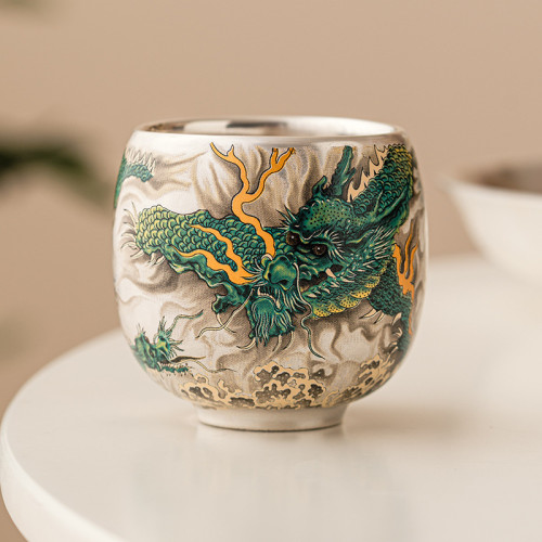 鎏銀青龍喝茶杯高檔精緻品茗杯家用個人杯中式茶具主人杯單杯禮盒
