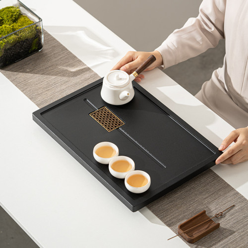石英石茶盤家用功夫茶具整塊茶台排水小型烏金瓷石泡茶海簡約茶托