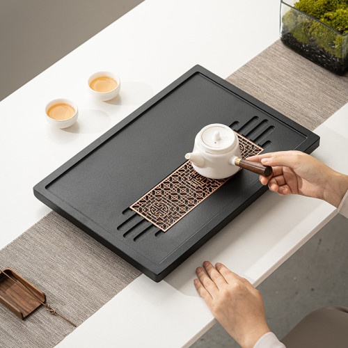 石英石茶盤家用功夫茶具整塊茶台排水小型烏金瓷石泡茶海簡約茶托