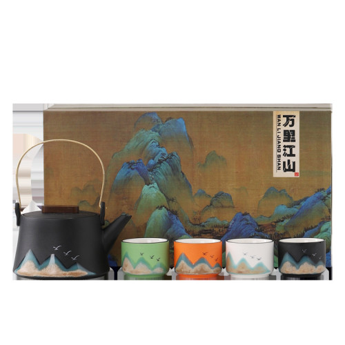 故宮文創國潮提梁壺側把壺茶具萬裡江山一壺四杯商務慶會議伴手禮
