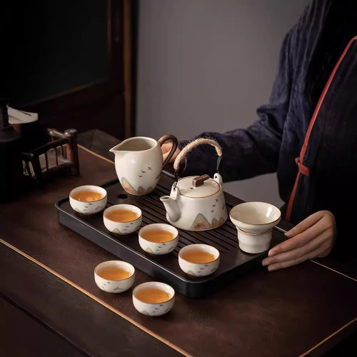 米黃汝窰功夫茶具套裝家用輕奢茶壺蓋碗泡茶辦公陶瓷茶杯茶盤整套