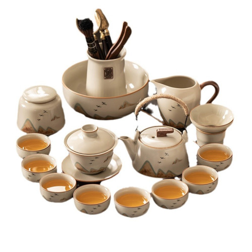 米黃汝窰功夫茶具套裝家用輕奢茶壺蓋碗泡茶辦公陶瓷茶杯茶盤整套