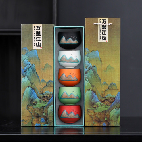 萬裡江山三四五色杯禮品伴手禮個人杯品茗杯手繪茶杯商務禮品