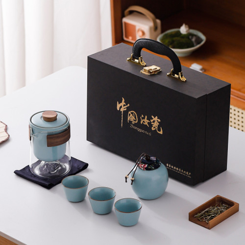 汝窰可攜式旅行茶具套裝戶外露營旅行隨身包快客杯茶葉罐禮品