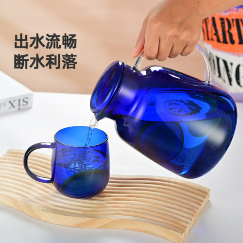 藍色玻璃大容量涼水壺家用水杯套裝高硼矽玻璃冷水壺家庭喝水杯套