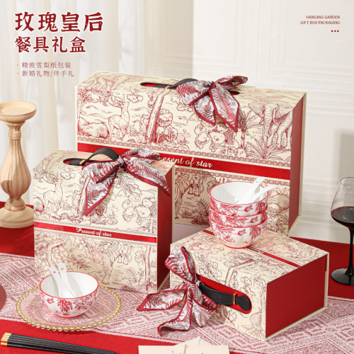 陶瓷高檔禮品釉下彩紅玫瑰中式餐具套裝家用喬遷禮品碗商務活動
