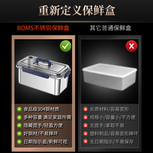 304L不鏽鋼大容量保鮮盒冰箱食品收納盒可攜式提手便當盒帶蓋密封盒