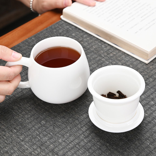 羊脂玉素燒高檔辦公杯陶瓷茶水分離杯帶蓋家用辦公馬克杯禮品