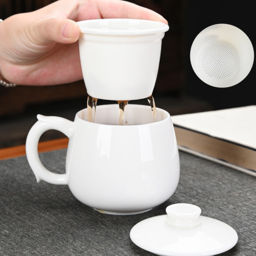 羊脂玉素燒高檔辦公杯陶瓷茶水分離杯帶蓋家用辦公馬克杯禮品