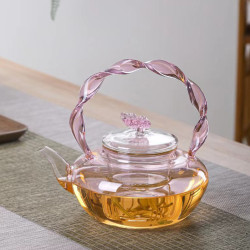 粉色蝴蝶花茶壺高硼矽耐高溫玻璃煮茶壺家用茶具電陶爐煮茶提梁壺