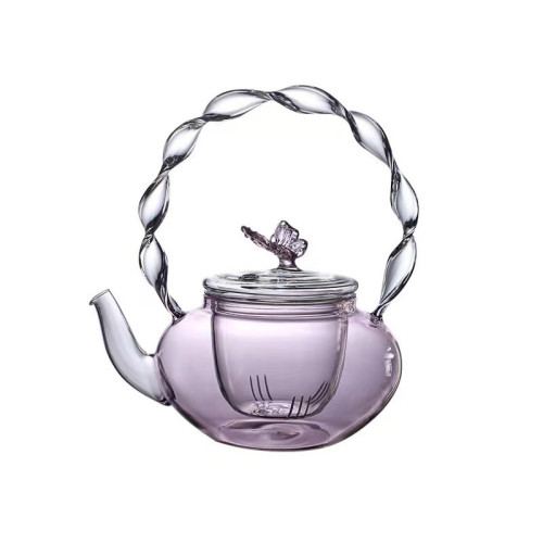 粉色蝴蝶花茶壺高硼矽耐高溫玻璃煮茶壺家用茶具電陶爐煮茶提梁壺