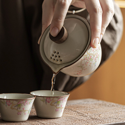 米黃汝窰快客杯粉桃迎春三杯四方包陶瓷旅行功夫茶具套裝可攜式