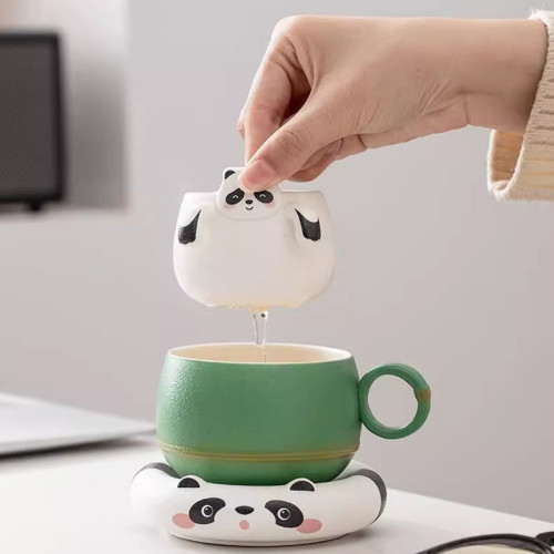 創意熊貓咖啡杯碟套裝帶勺子高檔精緻杯子女陶瓷高顔值馬克杯禮物