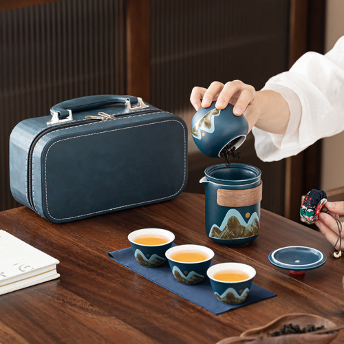 汝窰可攜式旅行茶具套裝戶外泡茶壺功夫茶快客杯一壺三杯伴手禮品
