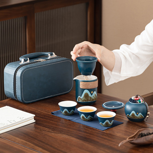 汝窰可攜式旅行茶具套裝戶外泡茶壺功夫茶快客杯一壺三杯伴手禮品