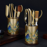 黃銅茶道六君子套裝茶具配件茶夾勺黑檀木茶道6君子茶筒茶刀新款