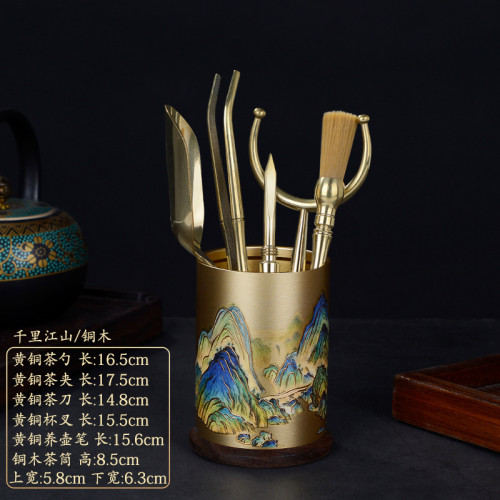 黃銅茶道六君子套裝茶具配件茶夾勺黑檀木茶道6君子茶筒茶刀新款